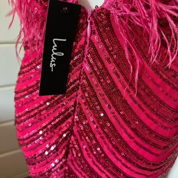 Lulu’s Magenta Sequin Feather Maxi Dress - Picture 6 of 8